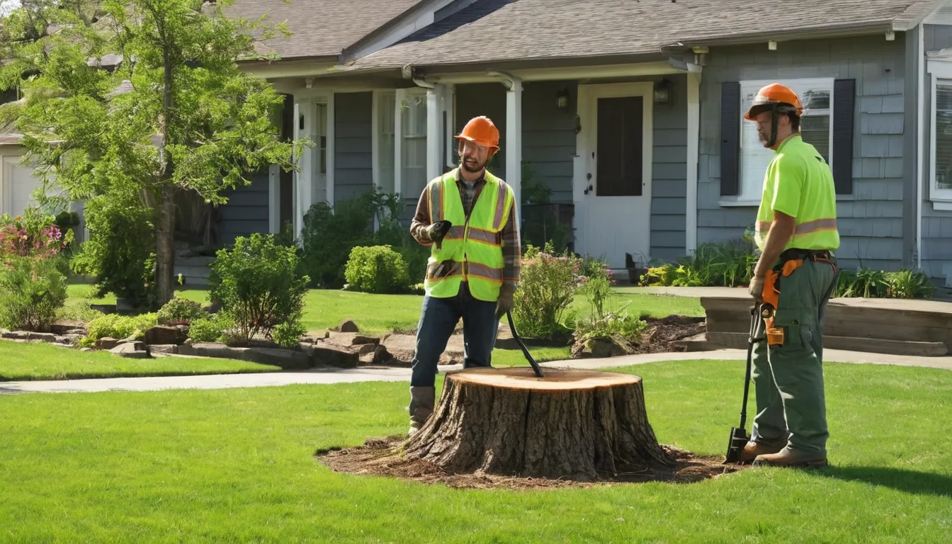 Homeowner and a local stump grinding provider looking over a tree stump in a front yard near Lakeville
