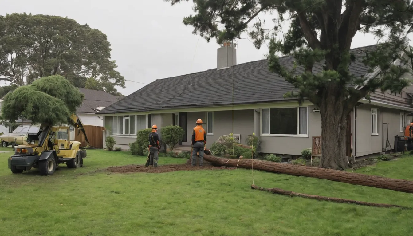 Local tree removal provider cutting down a large backyard tree near a home in Lakeville